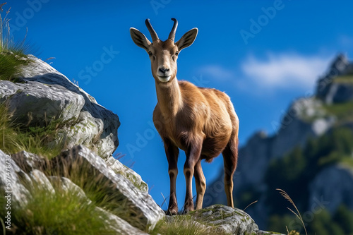 Ibex Ruling the Rocky Cliffs of the European Alps. created with Generative AI