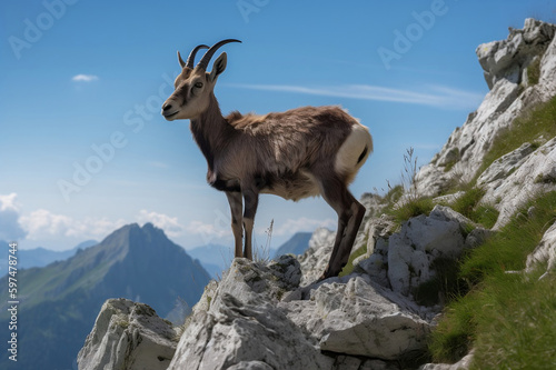 Ibex Ruling the Rocky Cliffs of the European Alps. created with Generative AI