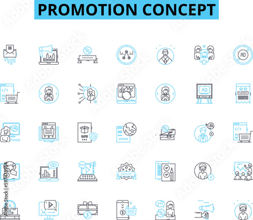 Promotion concept linear icons set. Advertising, Branding, Campaign, Discount, Endorsement, Giveaway, Incentive line vector and concept signs. Influencer,Marketing,Merchandising outline illustrations