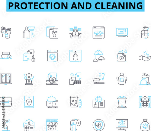 Protection and cleaning linear icons set. rotection:, Shield, Barrier, Cover, Insulate, Armor, Fortress line vector and concept signs. Shelter,Safeguard,Buffer outline illustrations