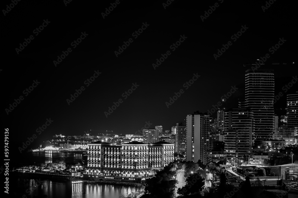 night city skyline of monaco, black and white,