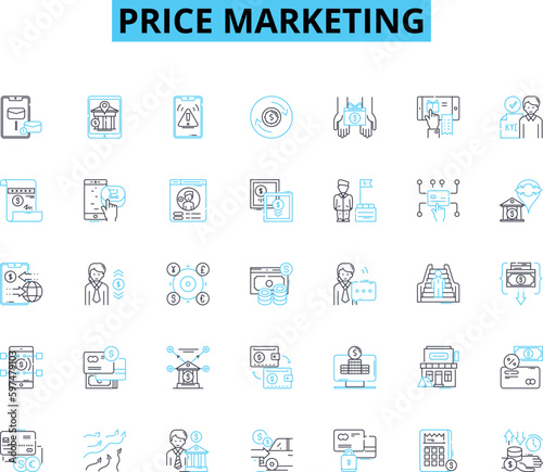 Price marketing linear icons set. Pricing, Value, Discounts, Promotions, Revenue, Costs, Rates line vector and concept signs. ROI,Elasticity,Bargains outline illustrations