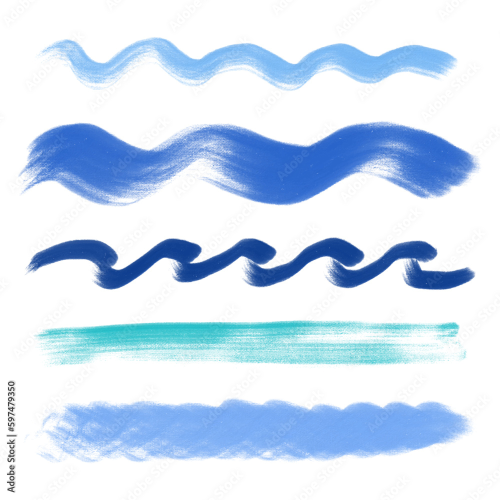 Vector set of abstract strokes of sea waves, hand drawn with a brush in blue colors