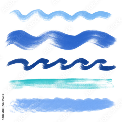 Sticker Vector set of abstract strokes of sea waves, hand drawn with a brush in blue col