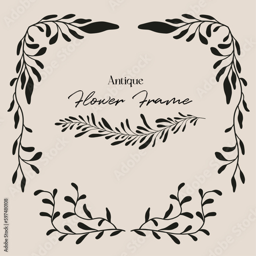 Antique flower and leaf frame decoration. Laurel leaves and art deco and art nouveau style border and wreath design element.