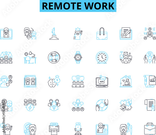 Remote work linear icons set. Flexibility, Virtual, Telecommute, Distance, Productivity, Collaboration, Autonomy line vector and concept signs. Mobility,Freedom,Independent outline illustrations