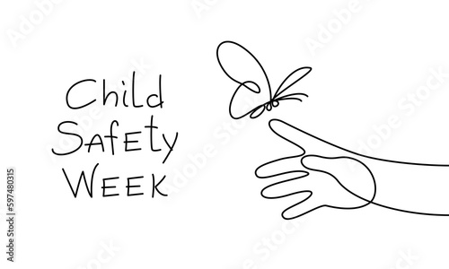 Continuous line, outline. Child Safety Week. Children's hand with a butterfly. Banner with text. Vector illustration