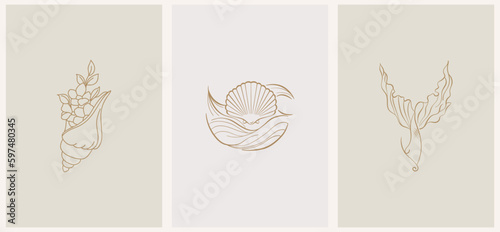 Abstract summer logo template with sun waves  seashells and mermaid tail. Modern minimal set of linear icons and emblems for social media  accommodation rental and travel services.