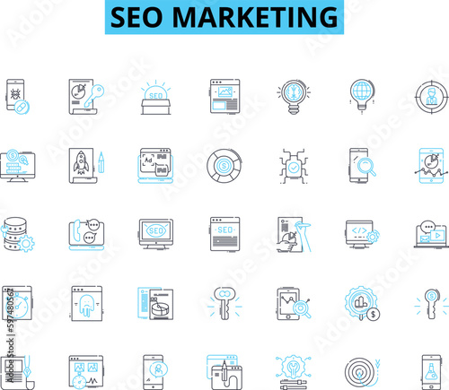 Seo marketing linear icons set. Optimization, Keywords, Analytics, Strategy, Content, Backlinks, SERP line vector and concept signs. Conversion,Traffic,Link-building outline illustrations