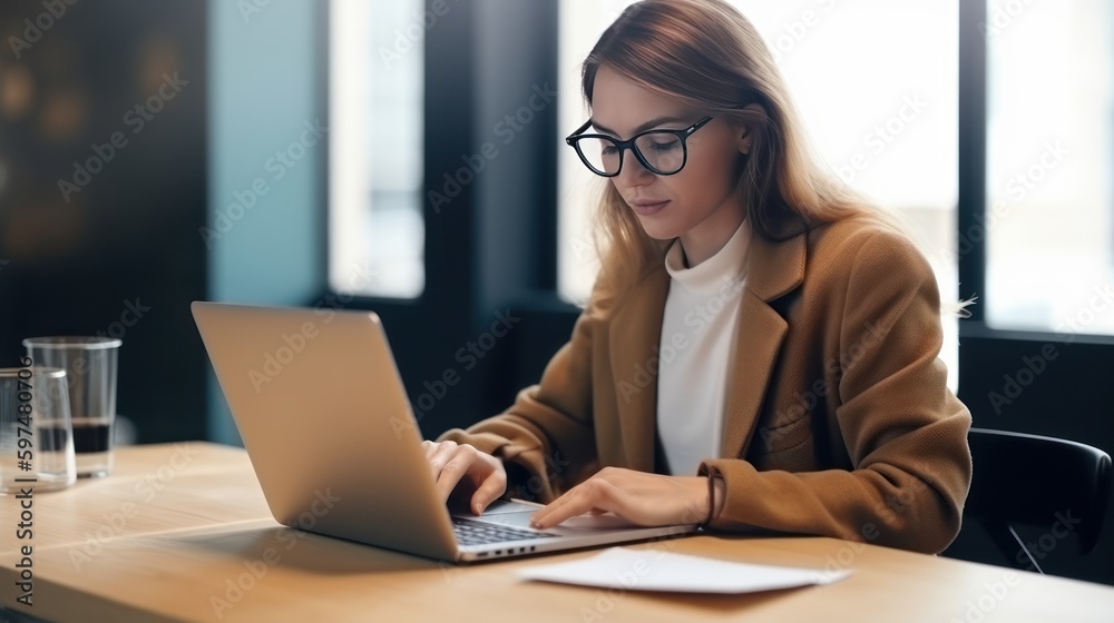 Professional woman working on laptop in office. Generative AI. Professional woman working on laptop in office. Generative AI.