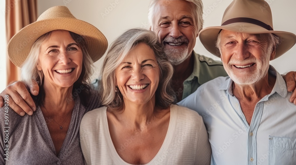 Group of Senior Friends Smiling Together in Couples. Generative AI. Group of Senior Friends Smiling Together in Couples. Generative AI.