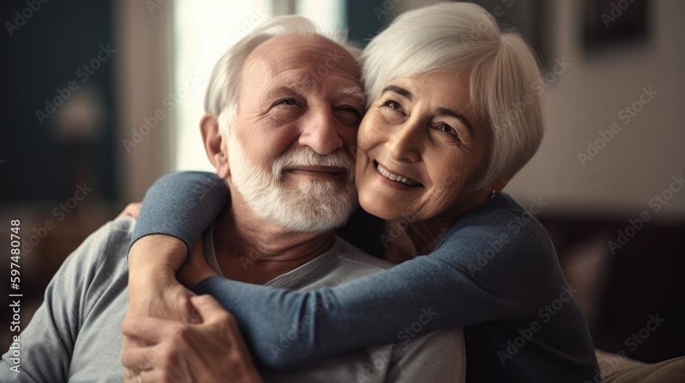 Senior couple sharing a loving embrace at home. Generative AI. Senior couple sharing a loving embrace at home. Generative AI.