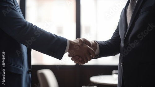 Successful Business Partnership: Two Businessmen Shaking Hands After Closing a Deal. Generative AI. © GustavsMD