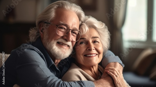 Senior couple sharing a loving embrace at home. Generative AI.