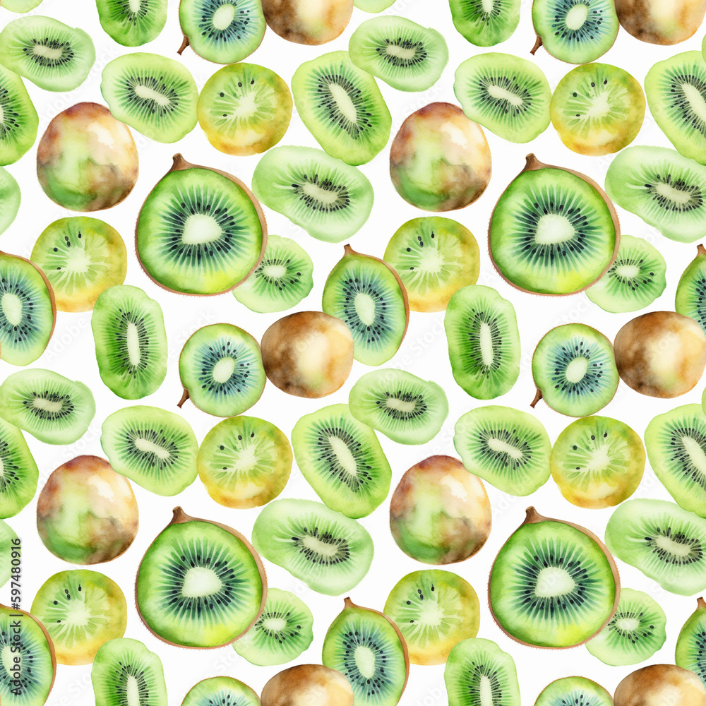 Fototapeta premium Seamless pattern with many kiwi fruits on white background in watercolor style. Generative AI.