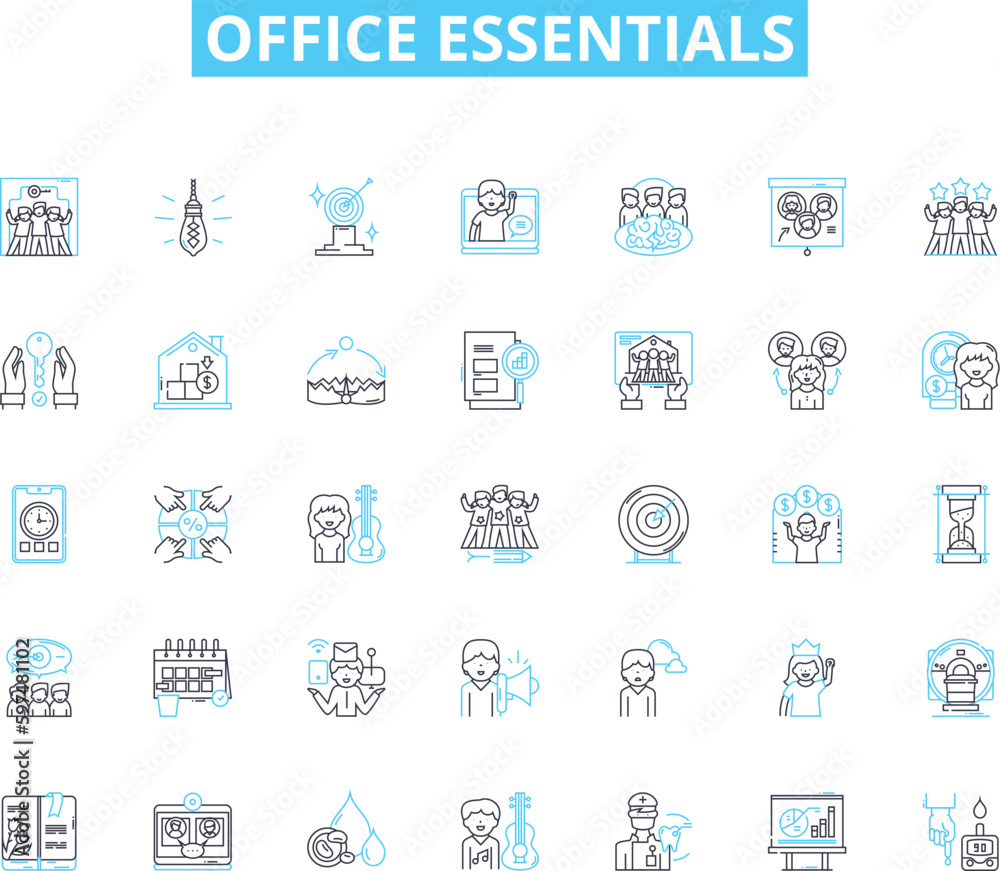 Office essentials linear icons set. Desk, Chair, Computer, Pen, Notebook, Stapler, Envelopes line vector and concept signs. Paperclips,Scissors,Tape outline illustrations