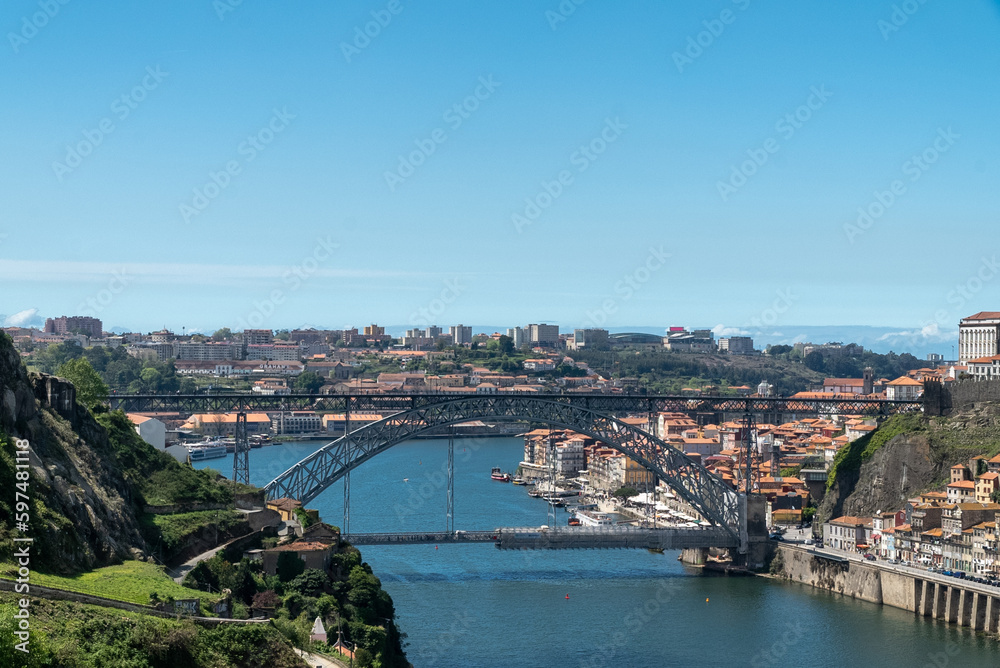 Panoramic landscape of Porto with Luis I bridge and Douro river. Oporto, Portugal.