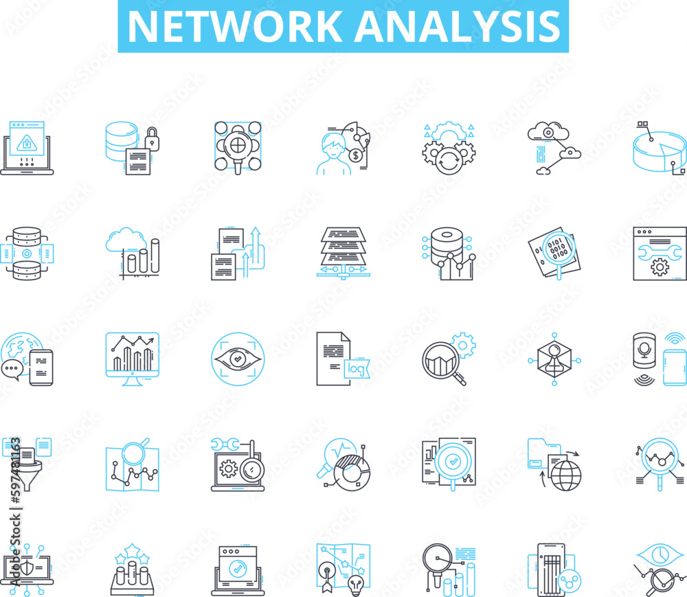 Network analysis linear icons set. Graph, Nodes, Edges, Centrality, Connectivity, Node degree, Hubs line vector and concept signs. Clustering,Modularity,Betweenness outline illustrations