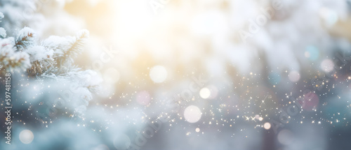 Festive Christmas Tree in Snowy Bokeh Background. created with Generative AI
