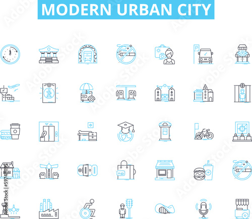 Modern urban city linear icons set. Skyscrapers, Diversity, Traffic, Graffiti, Pollution, Nightlife, Architecture line vector and concept signs. Subway,Highways,Pedestrians outline illustrations