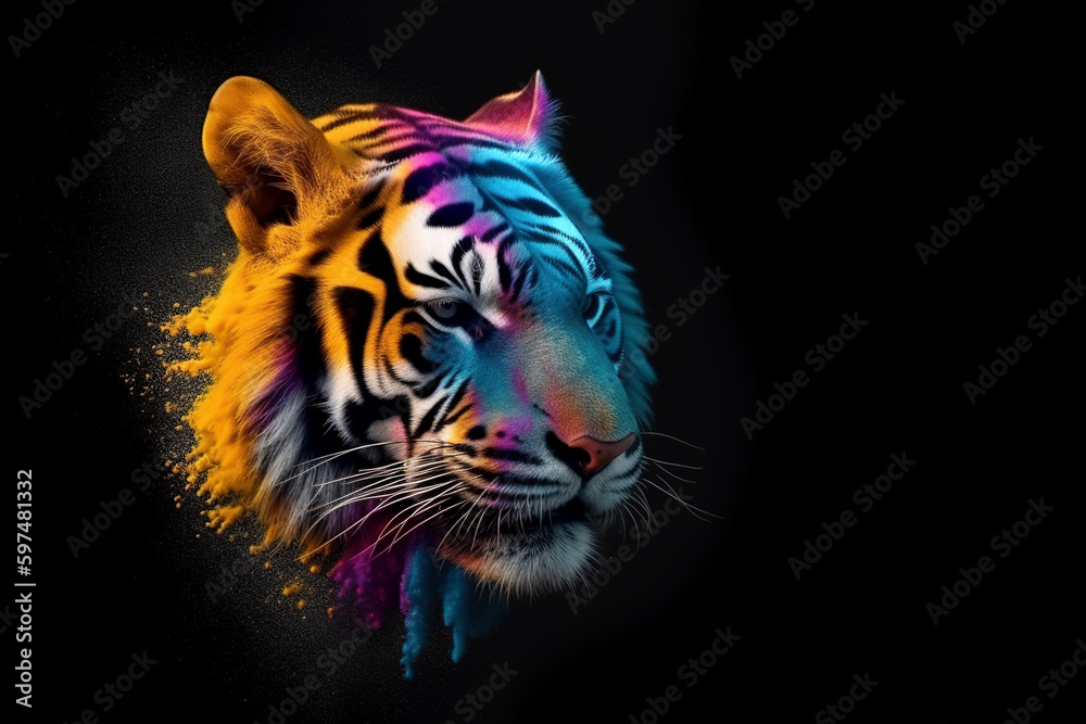 Image of a a tiger head with beautiful bright colors on a dark background. Wildlife Animals. Illustration, generative AI.