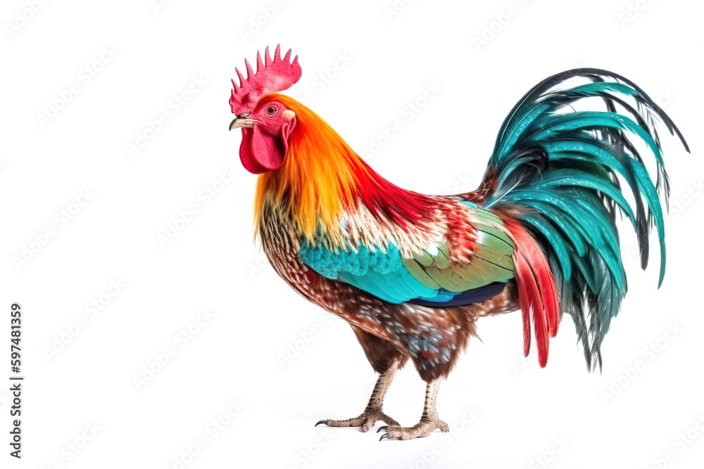 image of bright colors rooster stands on white background. Farm Animals. illustration, generative AI.