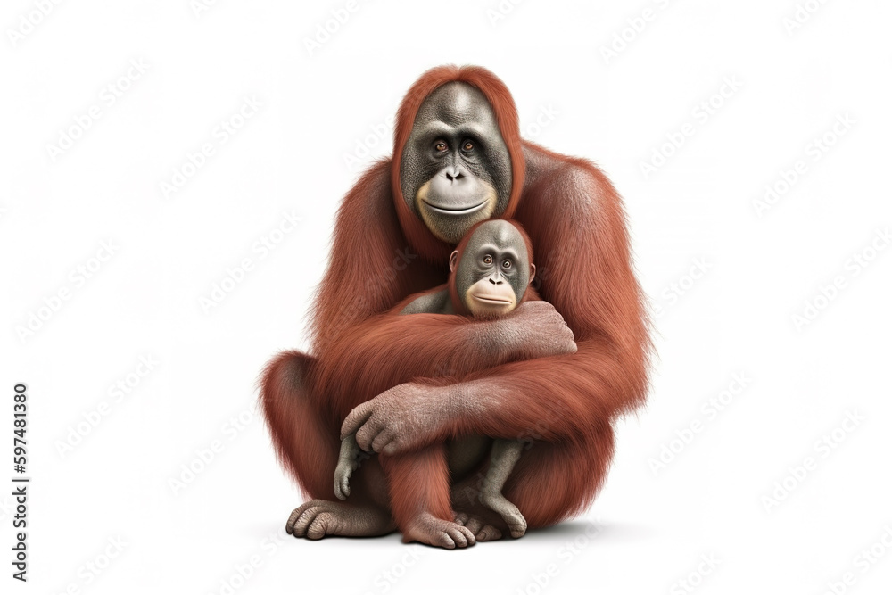 Image of an orangutans on white background. Wildlife Animals. Illustration, generative AI.