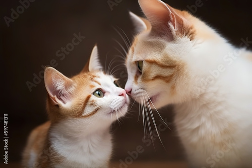 Image of mother cat and kitten showing love to each other. Pet. Animals. Illustration, generative AI.