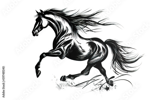 Image of a horse drawing using a brush and black ink on white background. Wildlife Animals. Illustration  generative AI.