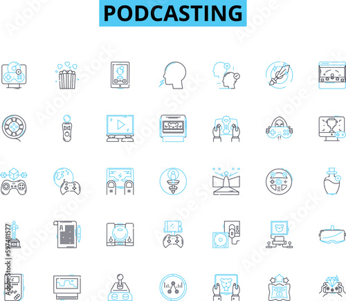 Podcasting linear icons set. Audible, Entertaining, Informative, Engaging, Streamlined, Portable, Innovative line vector and concept signs. Streaming,Broadcast,Mobile outline illustrations