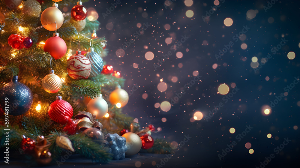 Blurred Shiny Lights and Baubles Adorning Christmas Tree with Bokeh Effect. created with Generative AI Blurred Shiny Lights and Baubles Adorning Christmas Tree with Bokeh Effect. created with Generative AI