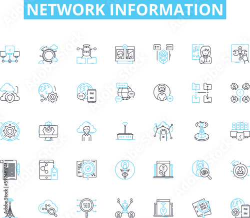 Network information linear icons set. Connectivity, Bandwidth, Firewall, Router, LAN, WAN, Ethernet line vector and concept signs. Modem,DNS,DHCP outline illustrations