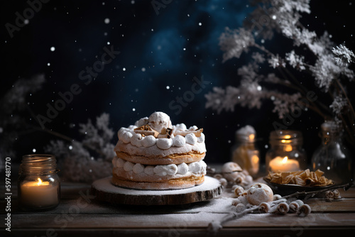 Decorated cake on a table, winter mood, Generative AI