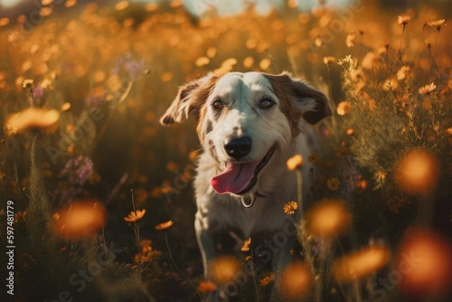 Close up image of a dog in a field of flowers