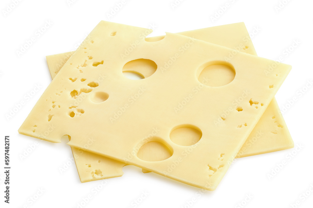 Two slices of Maasdam cheese on white background