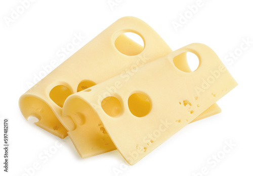 Two slices of Maasdam cheese on white background