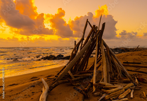 Driftwood Shelter Built on Lydgate Beach at Lydgate Beach Park, Lihue, Kauai, Hawaii, USA