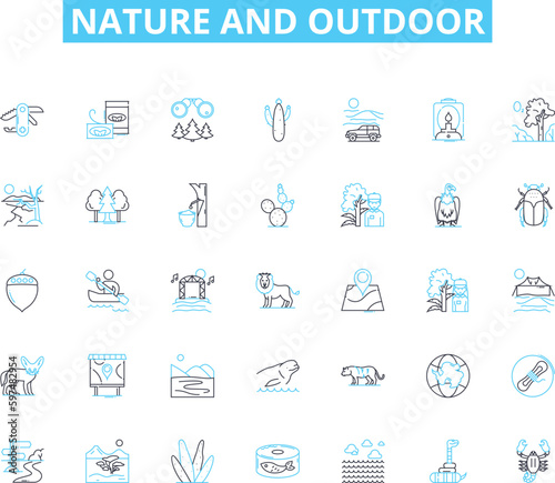 Nature and outdoor linear icons set. Wilderness, Mountains, Forests, Rivers, Oceans, Landscapes, Wildlife line vector and concept signs. Sunsets,Waterfalls,Hiking outline illustrations