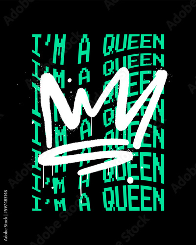 Neon old computer screen aestethic with urban street art. Pixel slogan of I'm queen with graffiti crown. Retro user interface, operating system, windows in trendy y2k style - Vector artwork. photo