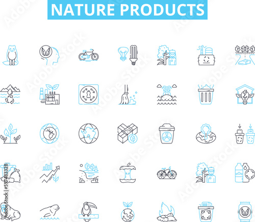 Nature products linear icons set. Organic, Herbal, Eco-friendly, Sustainable, Botanical, Fresh, Clean line vector and concept signs. Natural,Wildcrafted,Green outline illustrations