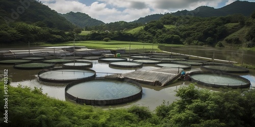 Fényképezés Aquaculture farm with a series of fish-filled ponds, illustrating modern sustain