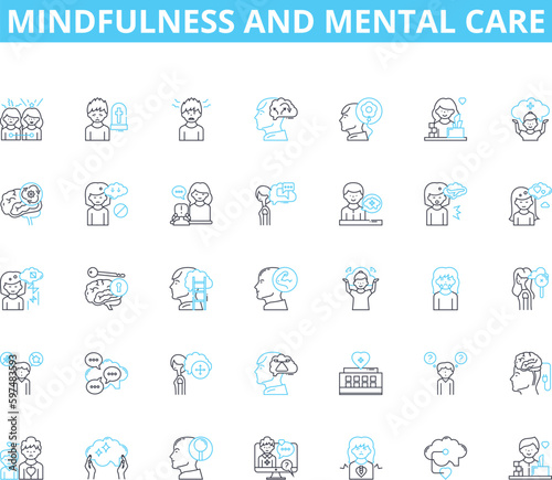 Mindfulness and mental care linear icons set. Meditation, Zen, Reflection, Awareness, Stillness, Self-love, Gratitude line vector and concept signs. Clarity,Relaxation,Calmness outline illustrations