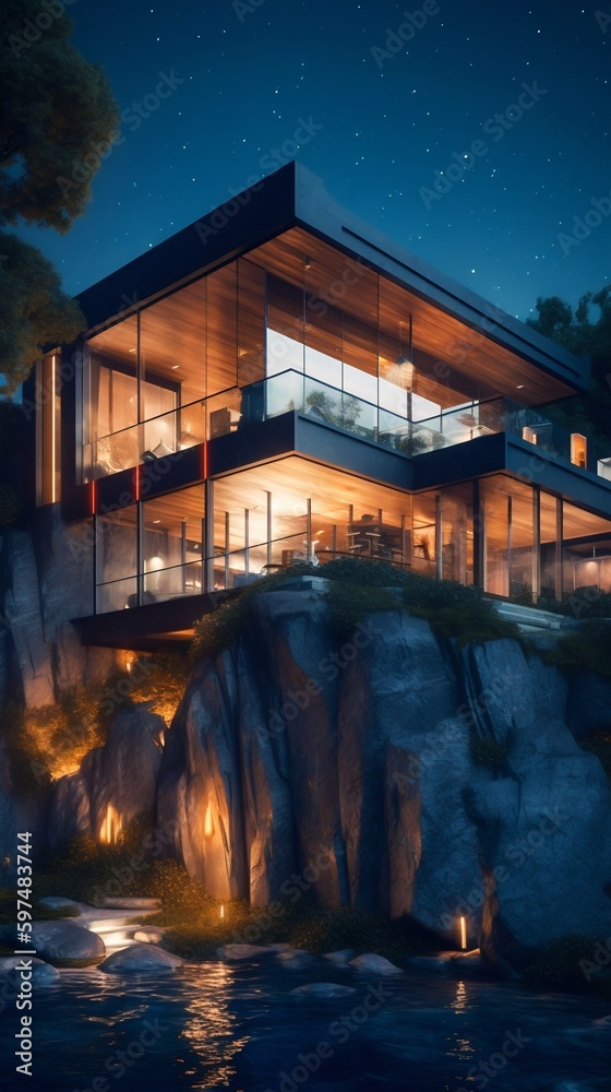Illuminated Exterior of Modern Architecture in Rock at Night Time. Generative ai Illuminated Exterior of Modern Architecture in Rock at Night Time. Generative ai