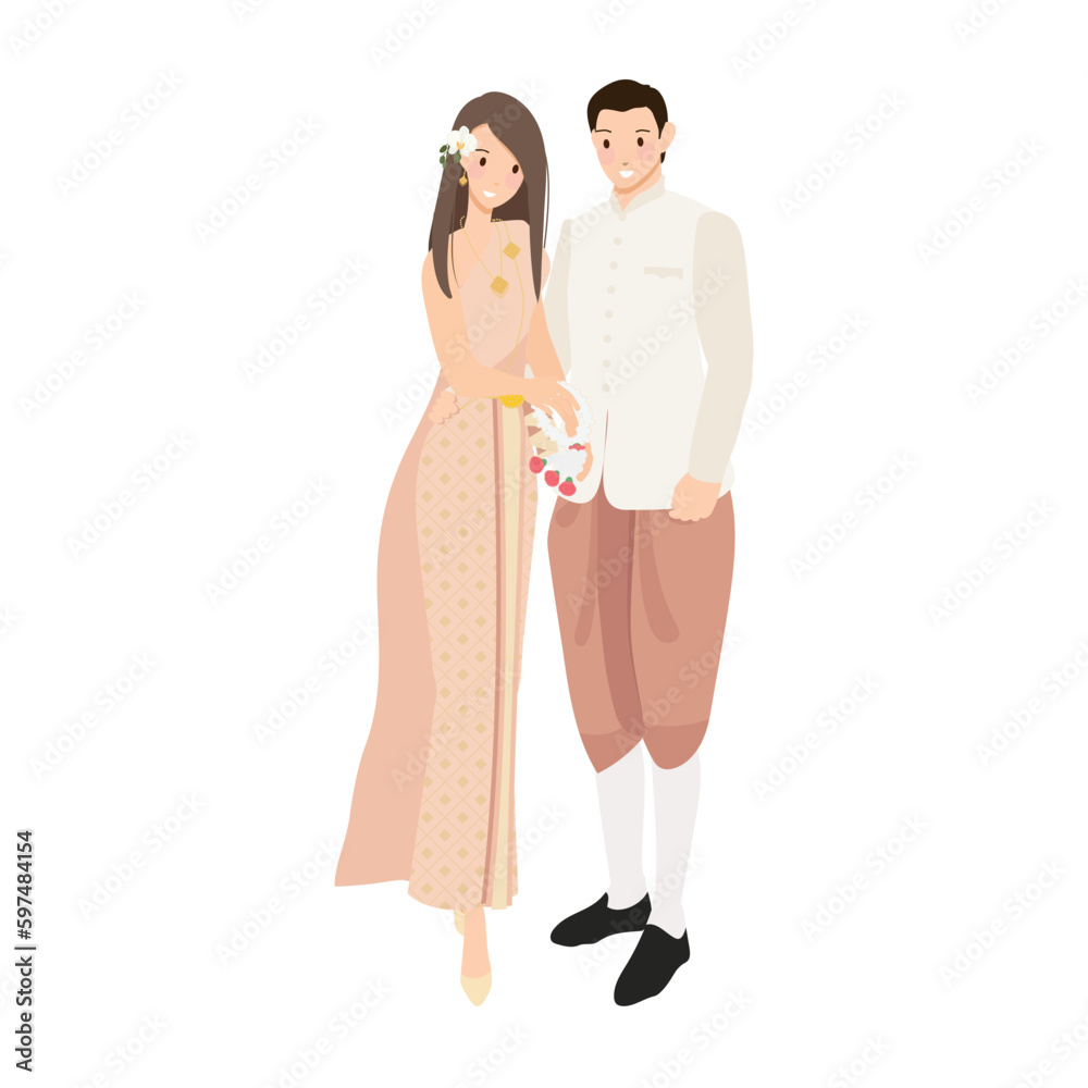 beautiful happy bride groom and bridesmaid in thai traditional dress gown wedding ceremony beautiful happy bride groom and bridesmaid in thai traditional dress gown wedding ceremony