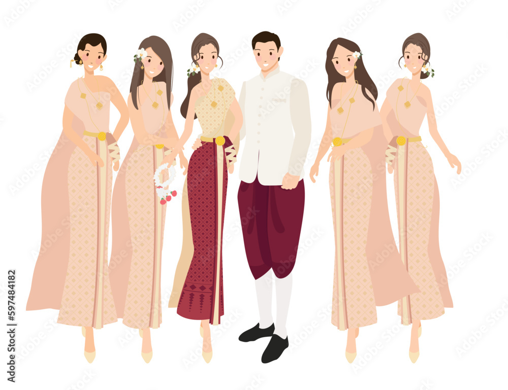 beautiful happy bride and bridesmaid in thai traditional dress gown wedding ceremony beautiful happy bride and bridesmaid in thai traditional dress gown wedding ceremony
