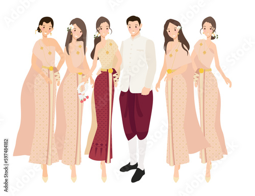 beautiful happy bride and bridesmaid in thai traditional dress gown wedding ceremony
