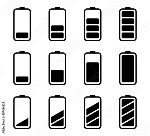 Battery status icon. Phone battery icon set. Mobile battery level in black. Phone charge indicator in black. Stock vector illustration