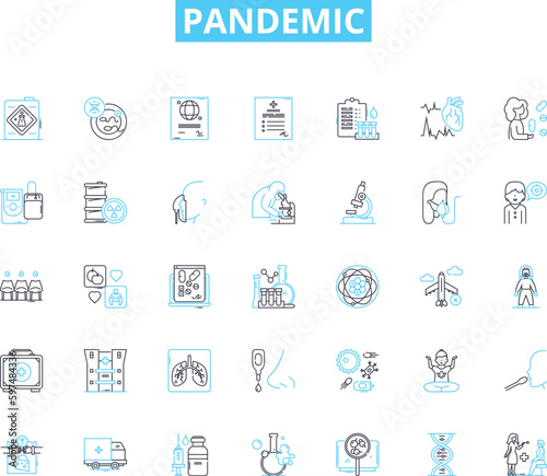 Pandemic linear icons set. Virus, Quarantine, Lockdown, Social distancing, Contagion, Outbreak, PPE line vector and concept signs. Epidemiology,Asymptomatic,Contact tracing outline illustrations
