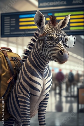 Zebra with Sunglasses  Backpack and Boarding Pass in the Airport. Generative ai