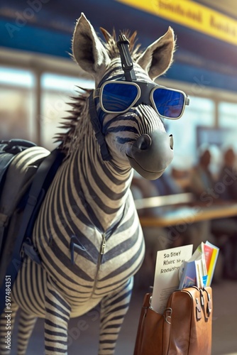 Zebra with Sunglasses, Backpack and Boarding Pass in the Airport. Generative ai © Scrudje